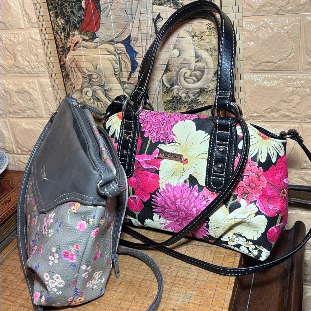 2 Koltov Bags Pink w Black Floral and Grey Floral Faux Leather Variety Bundle